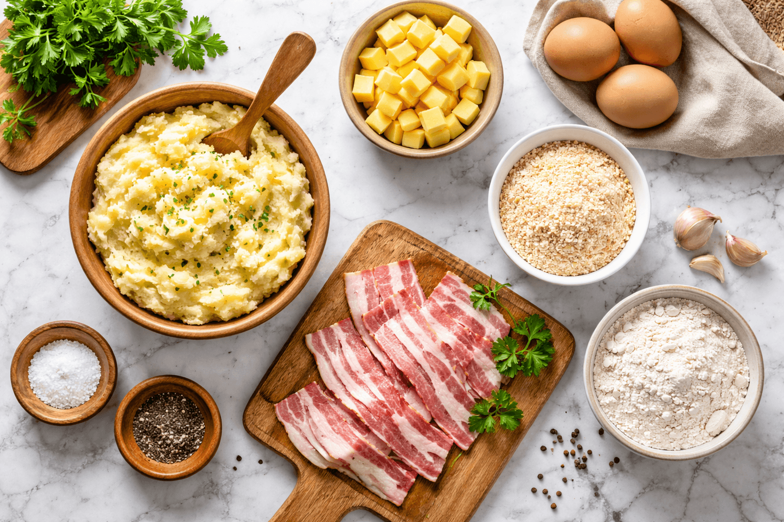  Продукти за картофени бомбички - сварени картофи, нарязан бекон, кашкавал на кубчета и яйца.