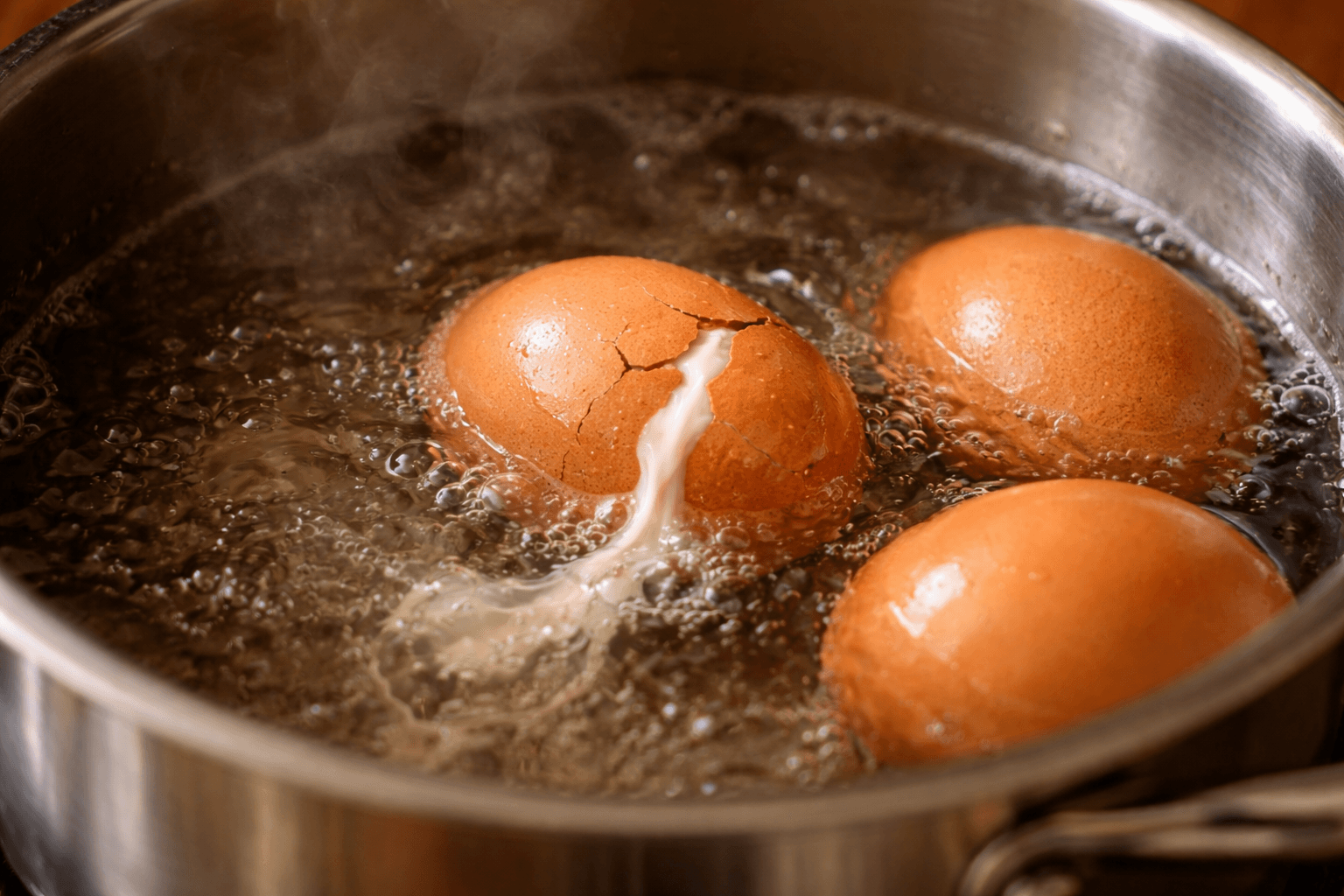 A close-up photograph of a cracked boiled egg in a pot of simmering water, with white egg white leaking through the crack. Two other intact eggs are next to it in the same pot. Steam rises gently. The image is shot from slightly above. Realistic kitchen setting, warm tones, sharp focus on the cracked egg. Photorealistic macro food photography, 16:9 landscape format.