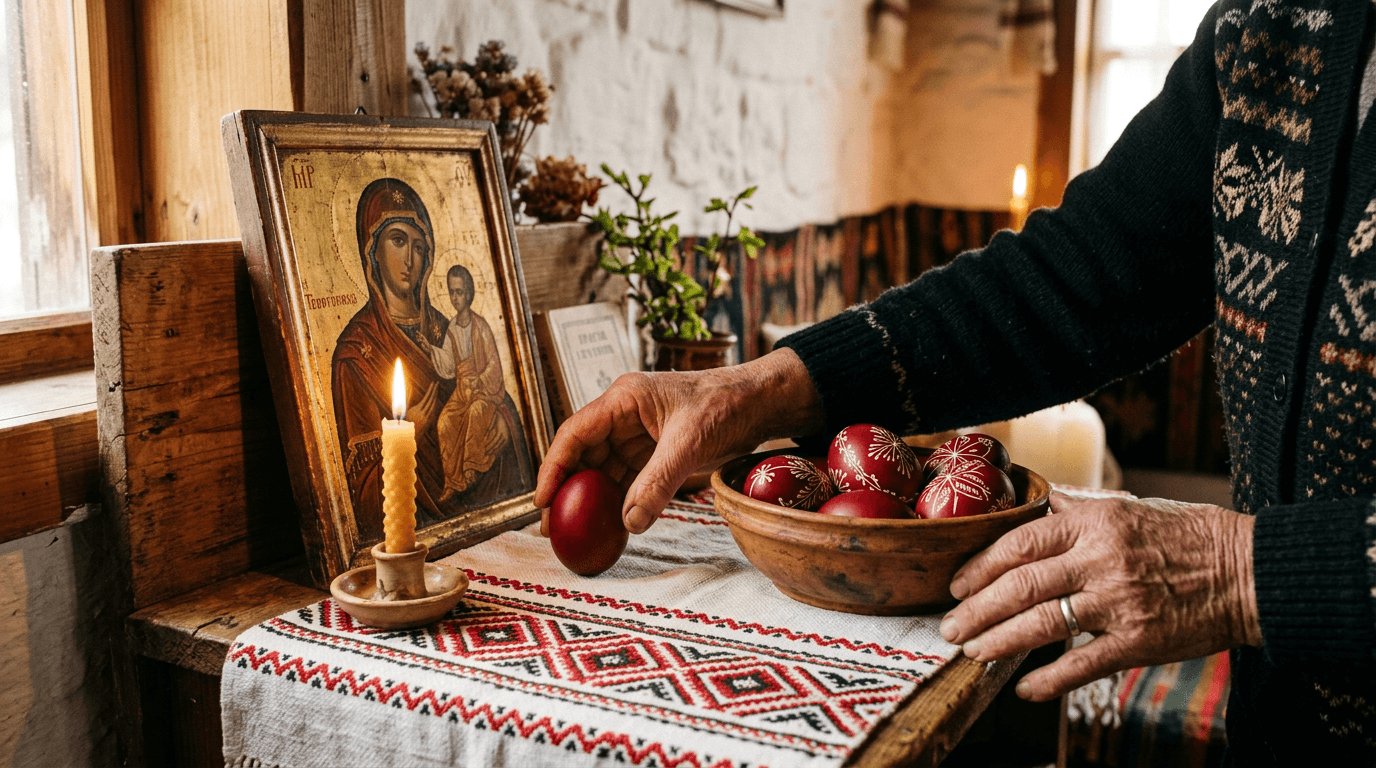 Великденски яйца рисувани с традиционни български шарки в кошница с петле върху ръчно изработена постелка